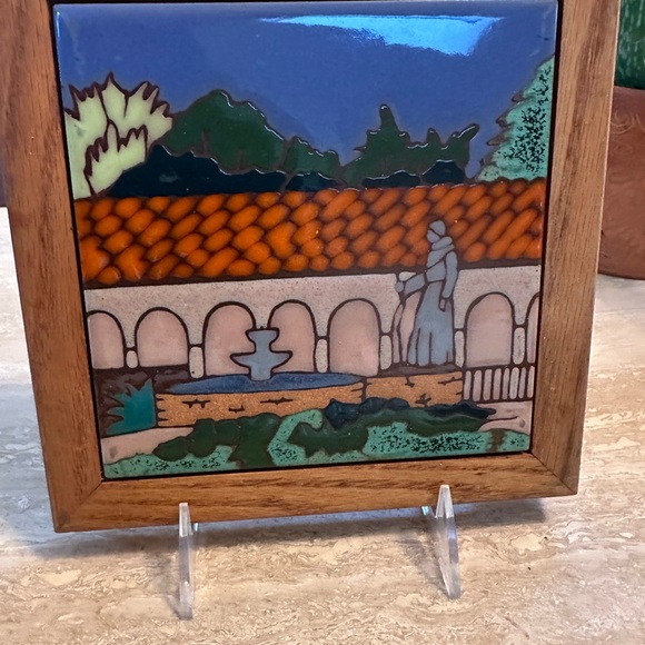 Colorful Ceramic Tile Art in Wooden Frame Middle East Christian Religious Scene - Picture 3 of 7